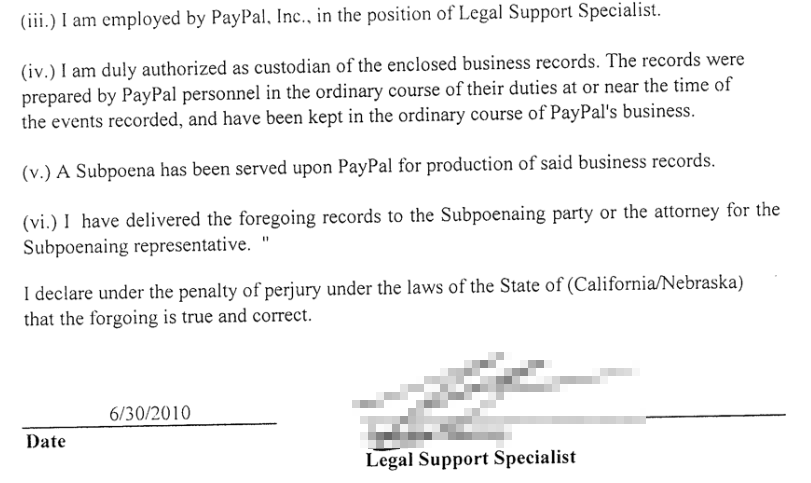 Paypal's legal department complying with the subpoena for Dish